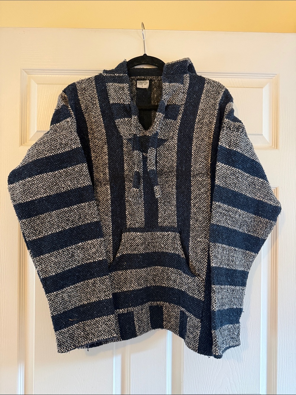 Striped Hooded Baja Stle Sweater - Navy and Gray